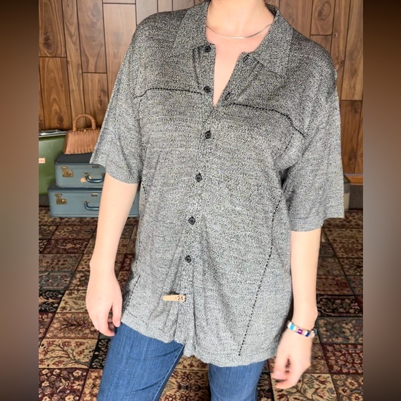 Claiborne Silk Viscose Bowling Shirt - Polo Style, Grey & Black - Picture 7 of 7